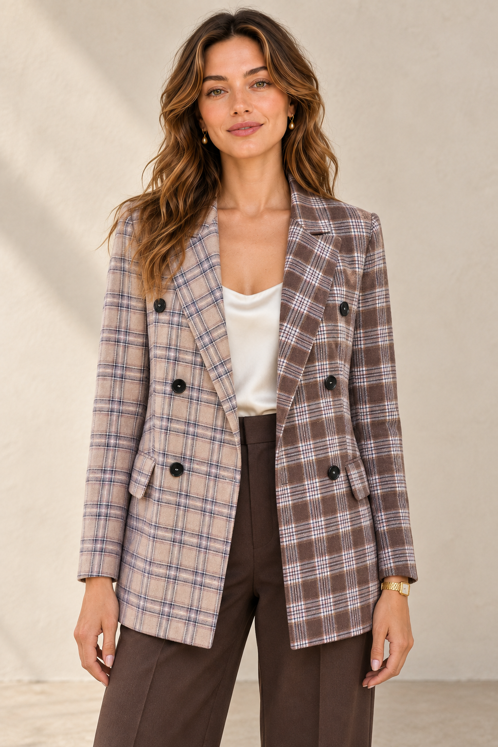 Two-Tone Plaid Double-Breasted Blazer