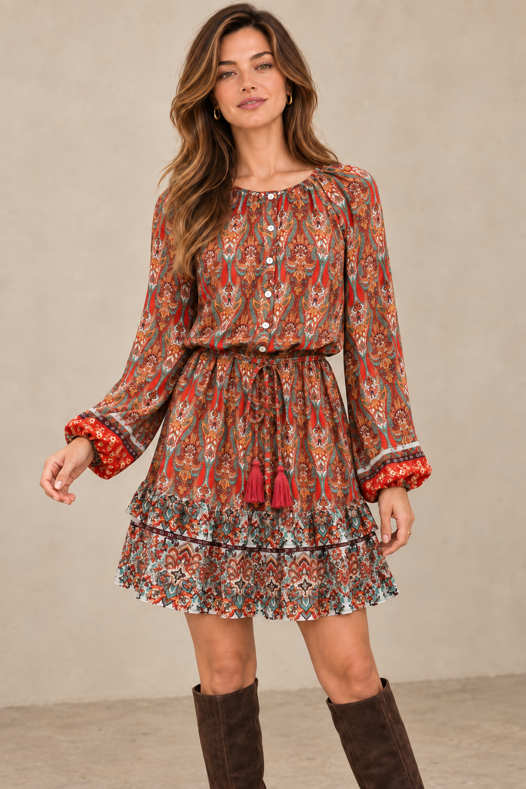 Boho Paisley Drawstring-Waist Mini Dress