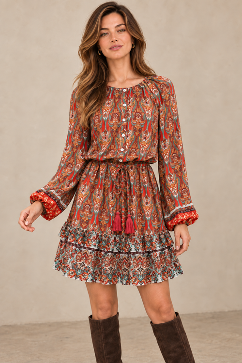 Boho Paisley Drawstring-Waist Mini Dress
