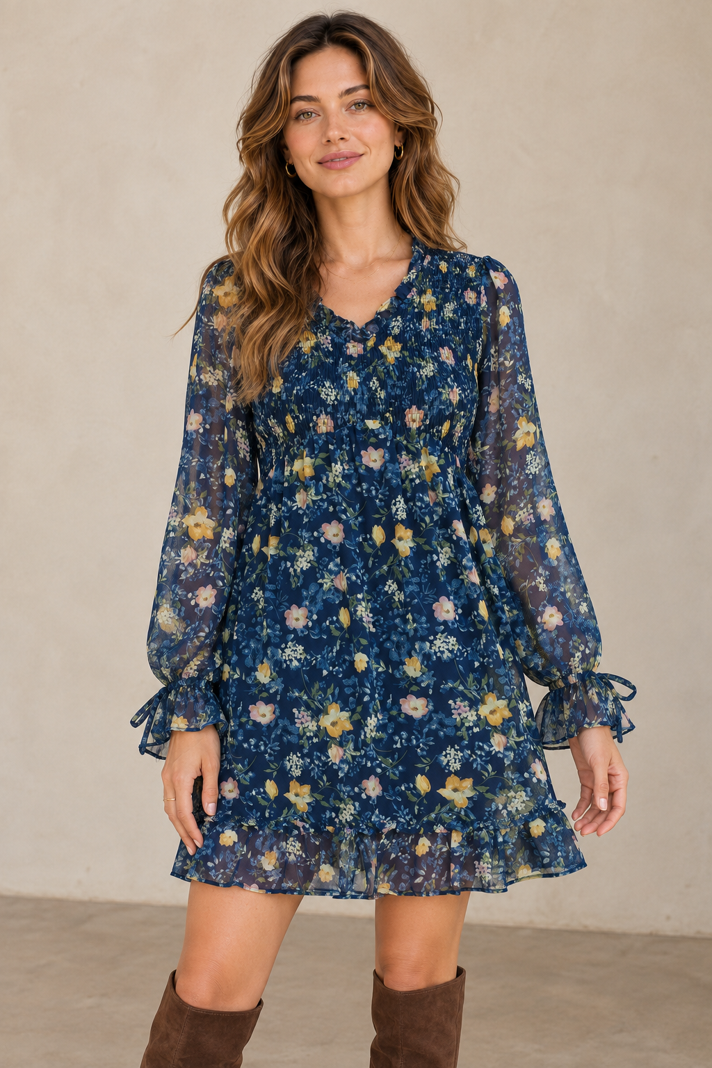 Floral Smocked-Waist Ruffle Mini Dress