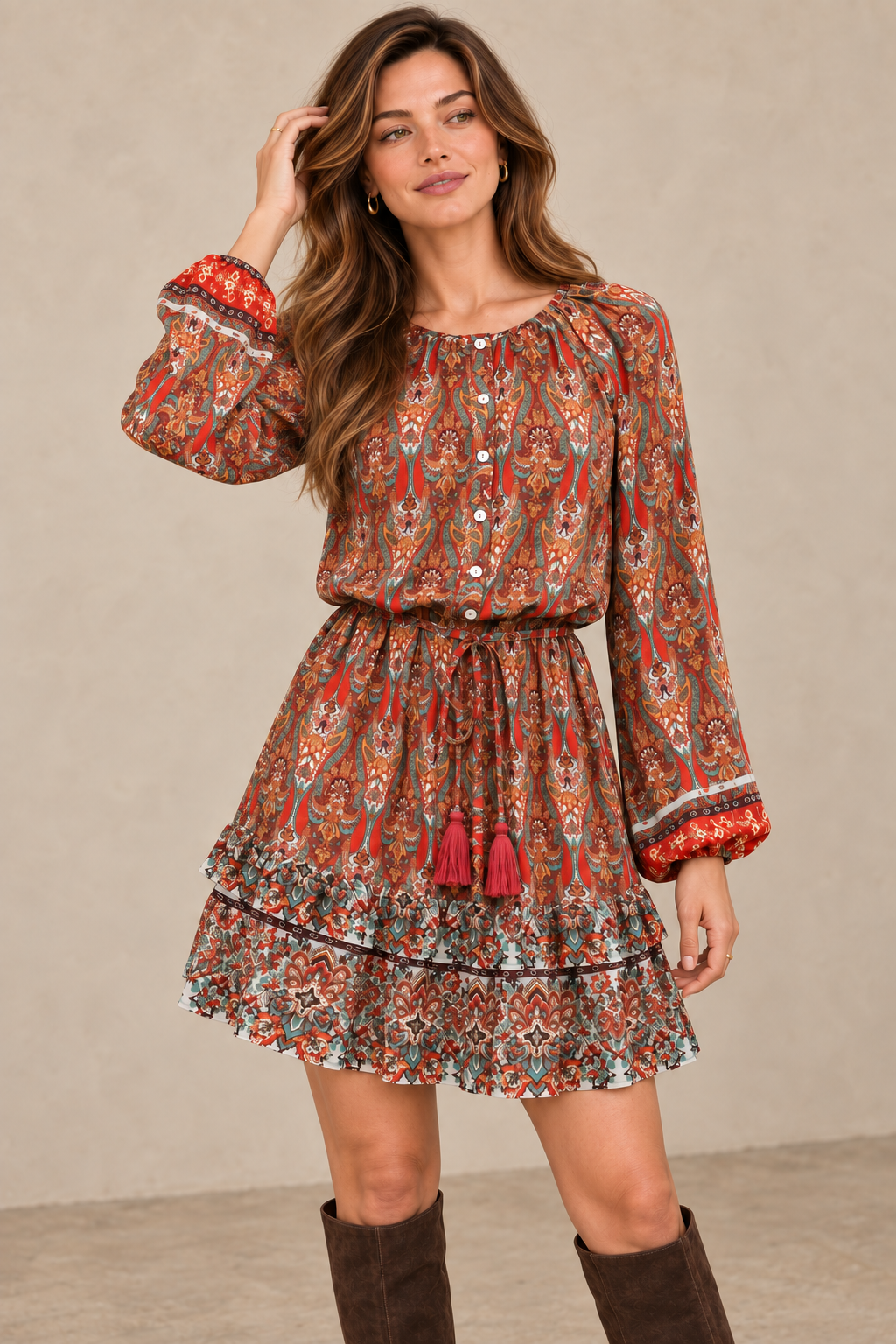 Boho Paisley Drawstring-Waist Mini Dress