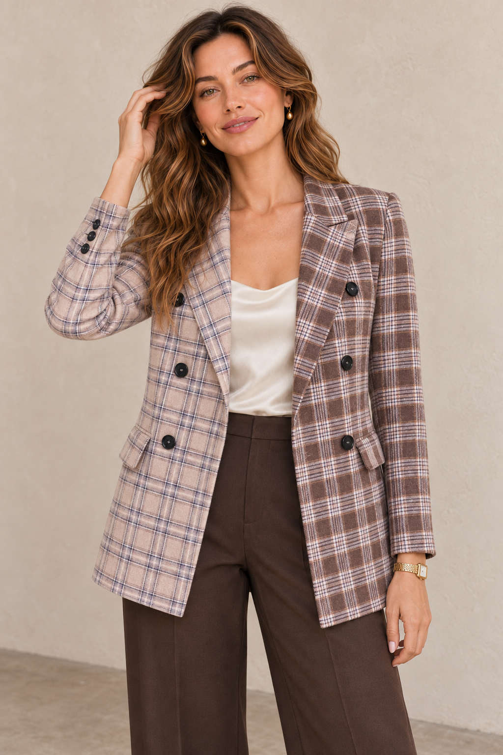 Two-Tone Plaid Double-Breasted Blazer