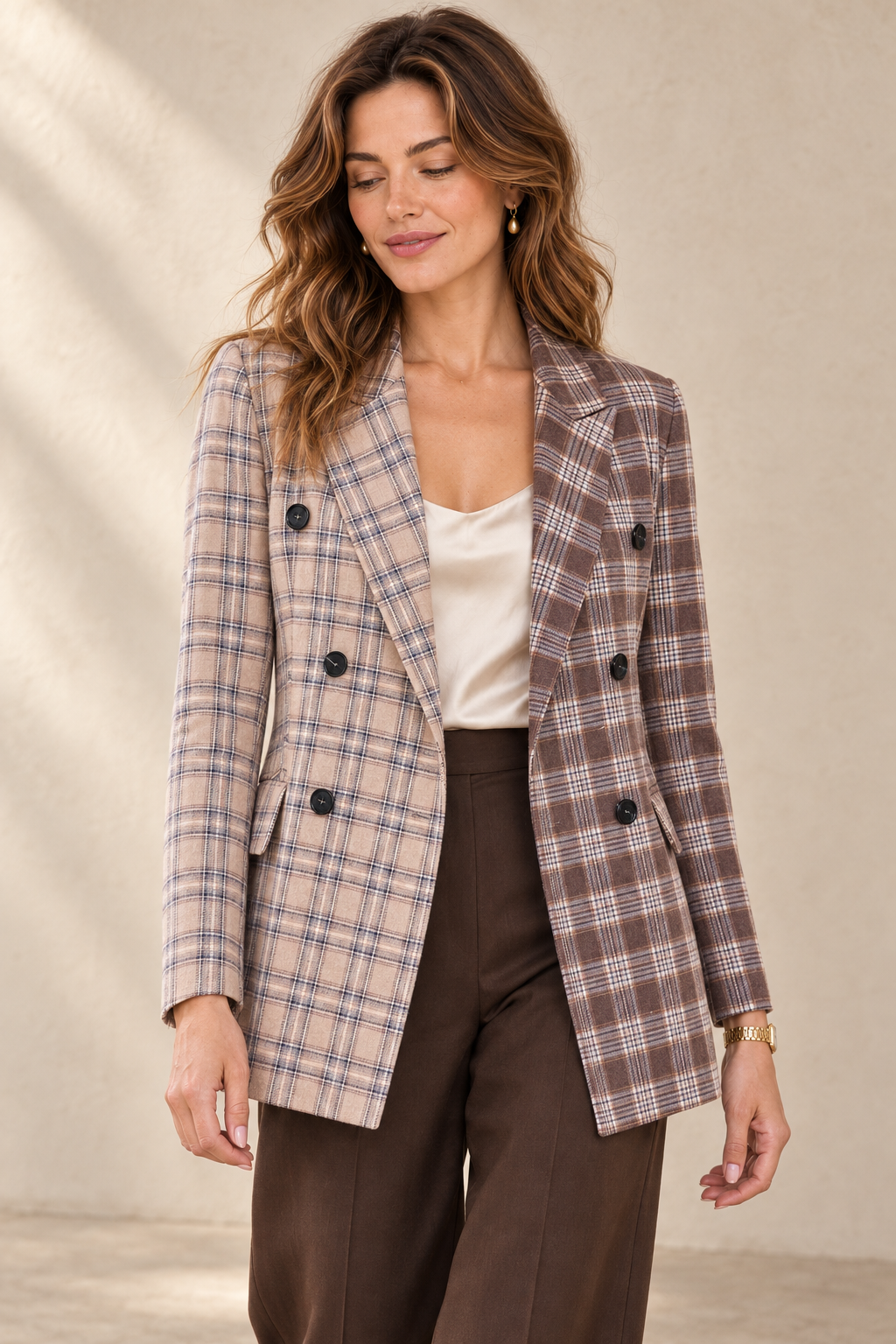 Two-Tone Plaid Double-Breasted Blazer