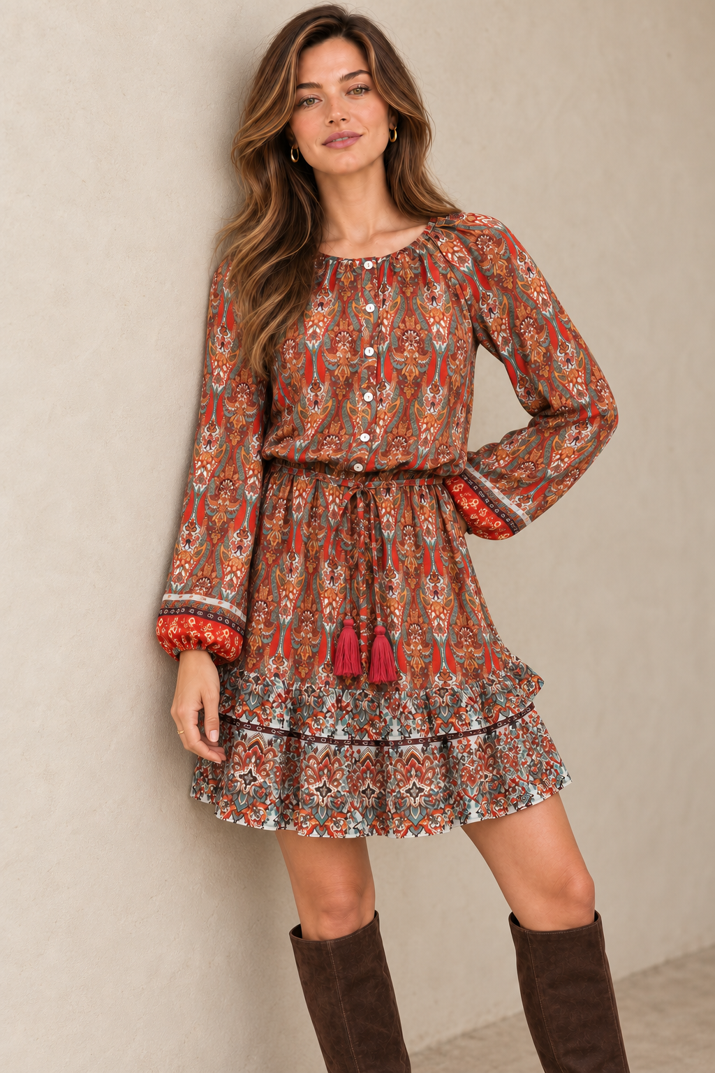 Boho Paisley Drawstring-Waist Mini Dress