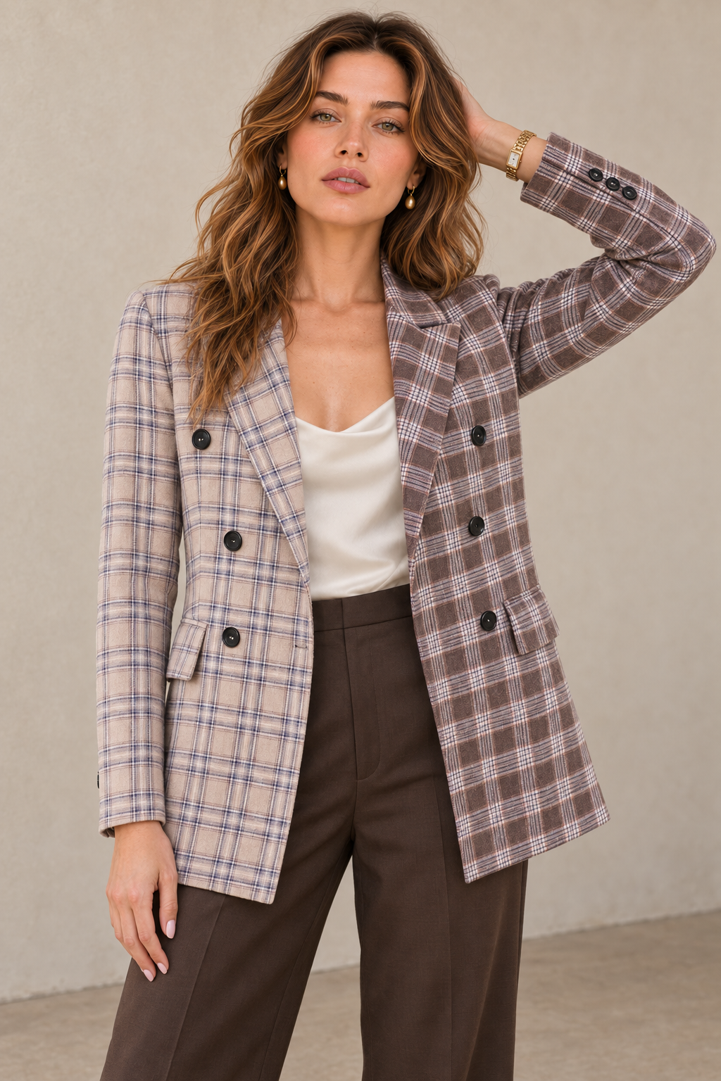 Two-Tone Plaid Double-Breasted Blazer