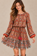 Boho Paisley Drawstring-Waist Mini Dress