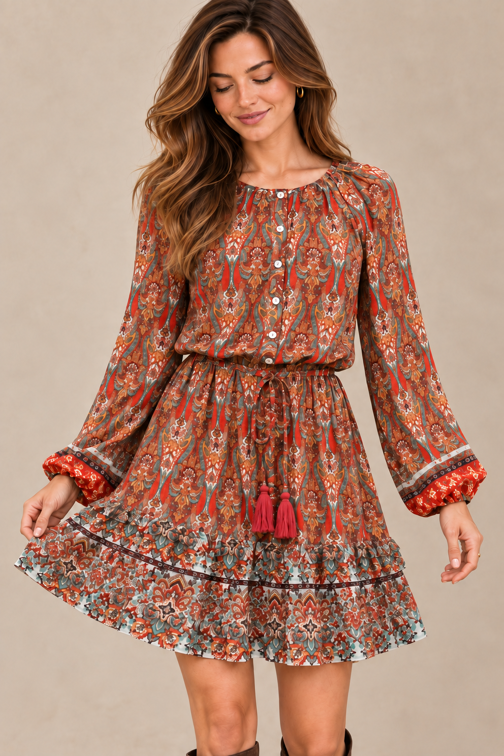 Boho Paisley Drawstring-Waist Mini Dress