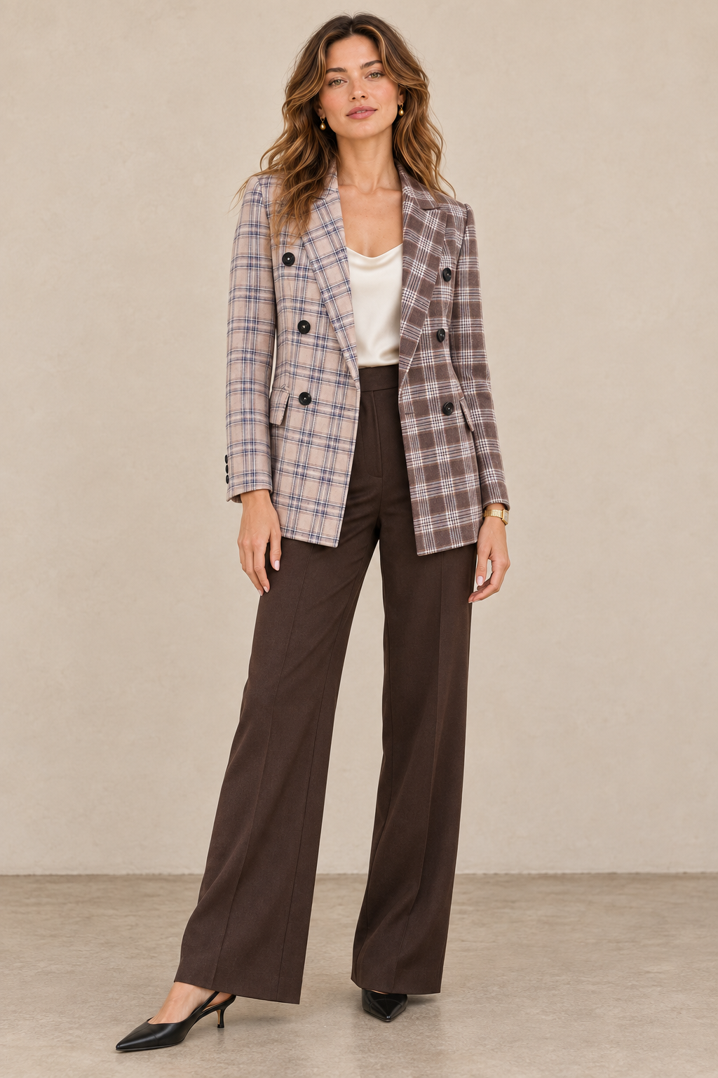 Two-Tone Plaid Double-Breasted Blazer