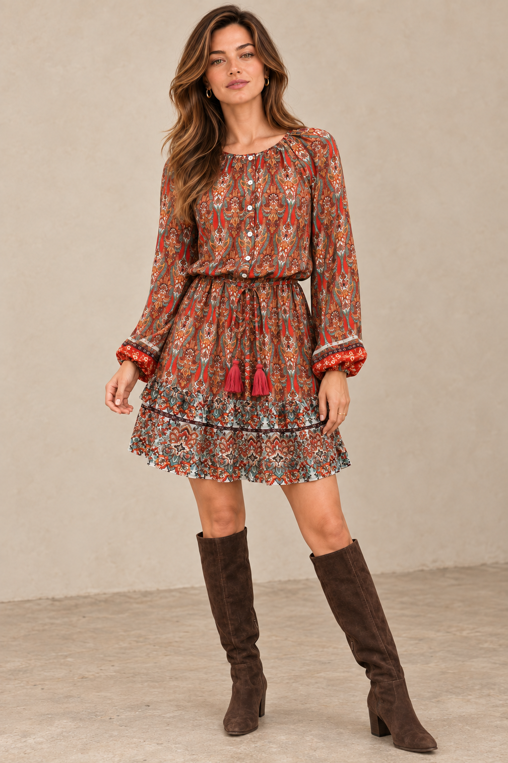 Boho Paisley Drawstring-Waist Mini Dress