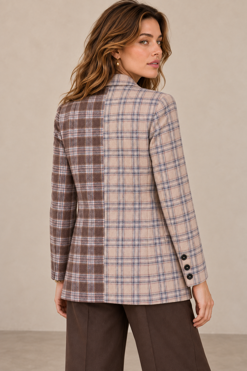 Two-Tone Plaid Double-Breasted Blazer
