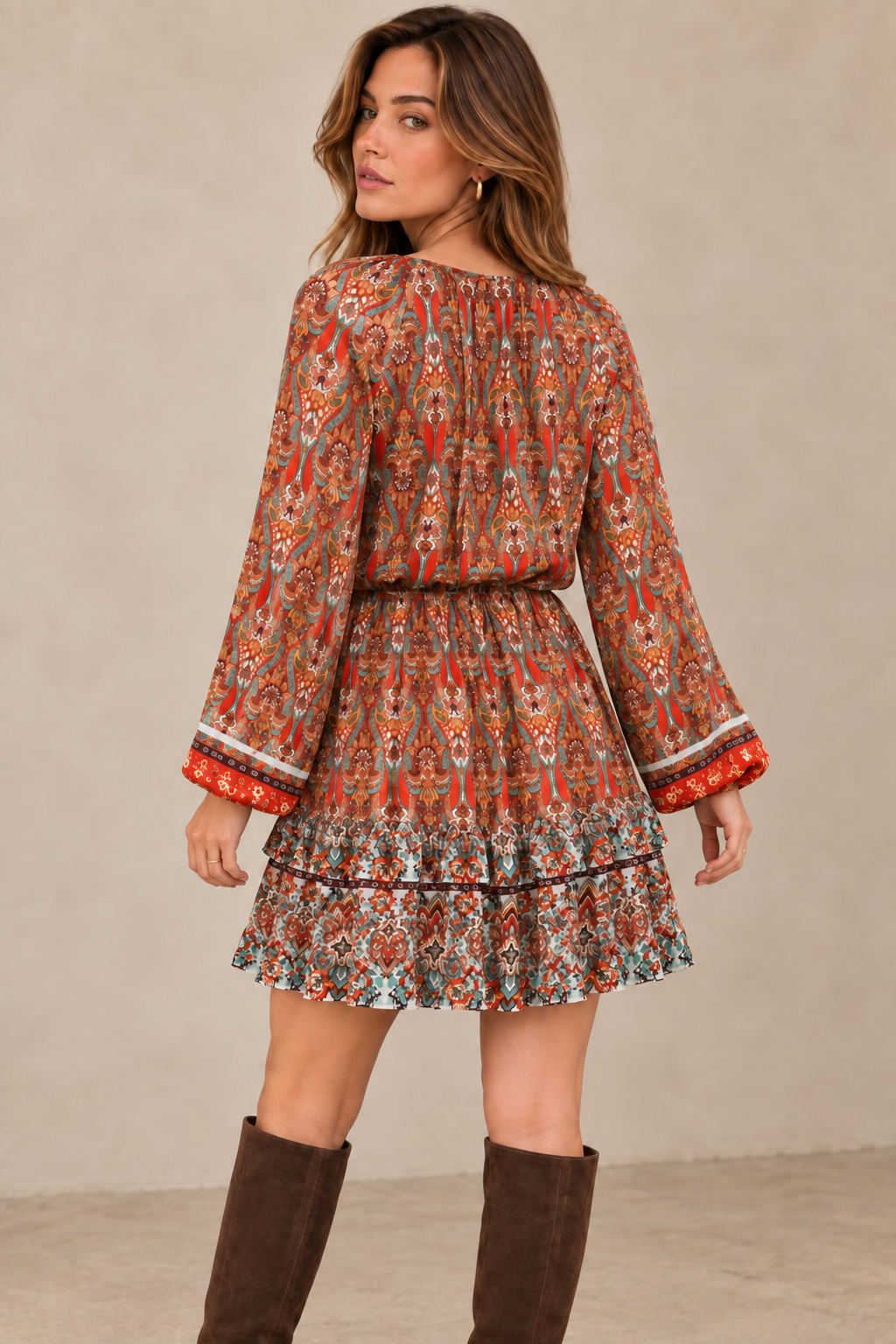 Boho Paisley Drawstring-Waist Mini Dress