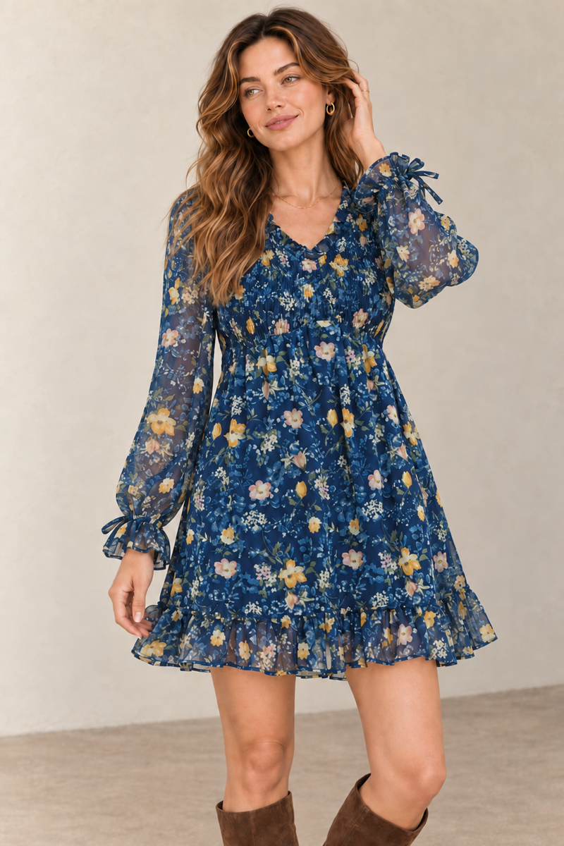 Floral Smocked-Waist Ruffle Mini Dress