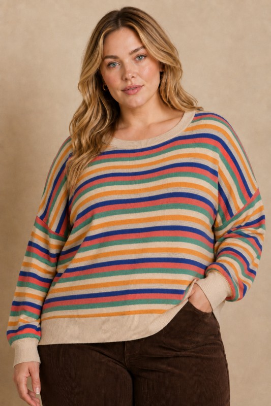 Plus Size Multicolor Striped Pointelle Sweater