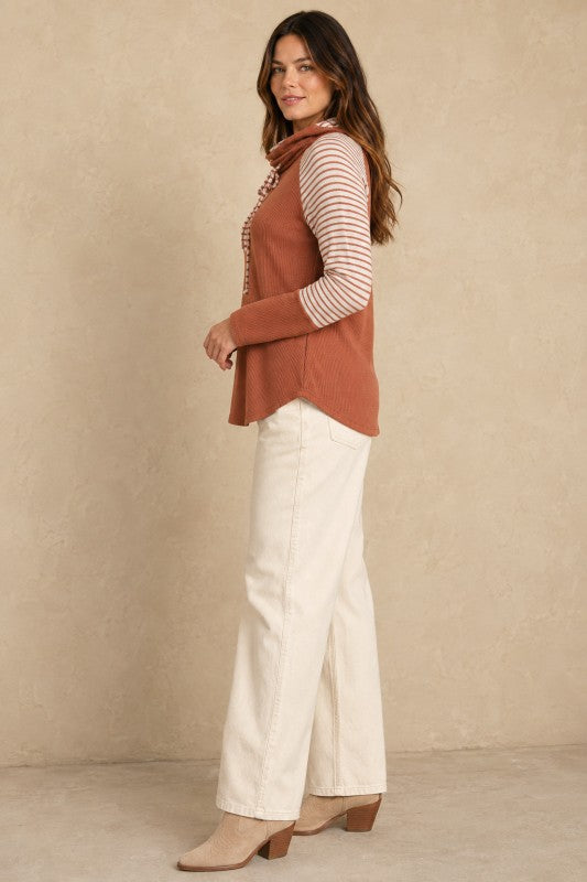 Striped-Sleeve Ribbed Cowl-Neck Top