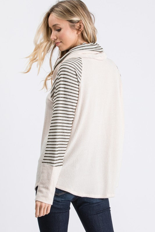 Striped-Sleeve Ribbed Cowl-Neck Top
