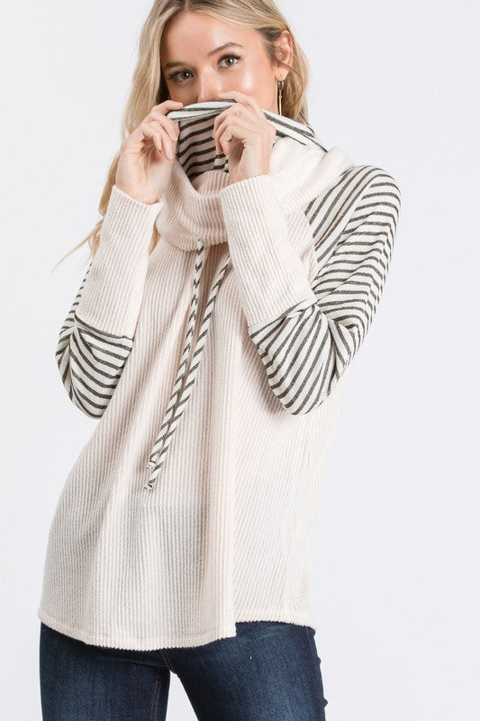 Striped-Sleeve Ribbed Cowl-Neck Top