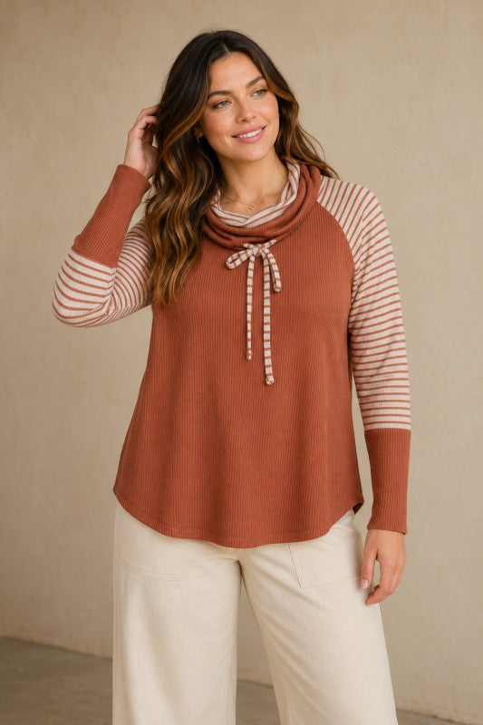 Striped-Sleeve Ribbed Cowl-Neck Top - Camel