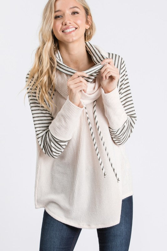 Striped-Sleeve Ribbed Cowl-Neck Top - Taupe