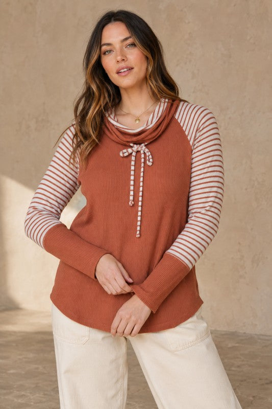 Striped-Sleeve Ribbed Cowl-Neck Top - Camel