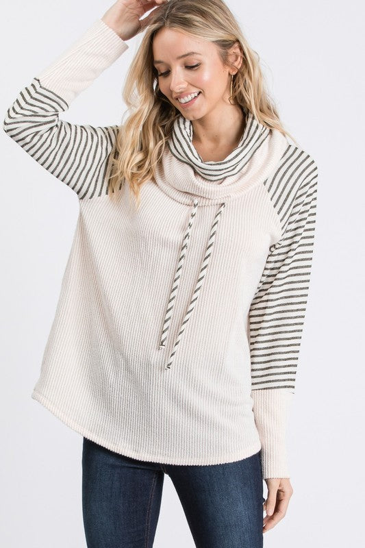 Striped-Sleeve Ribbed Cowl-Neck Top - Taupe