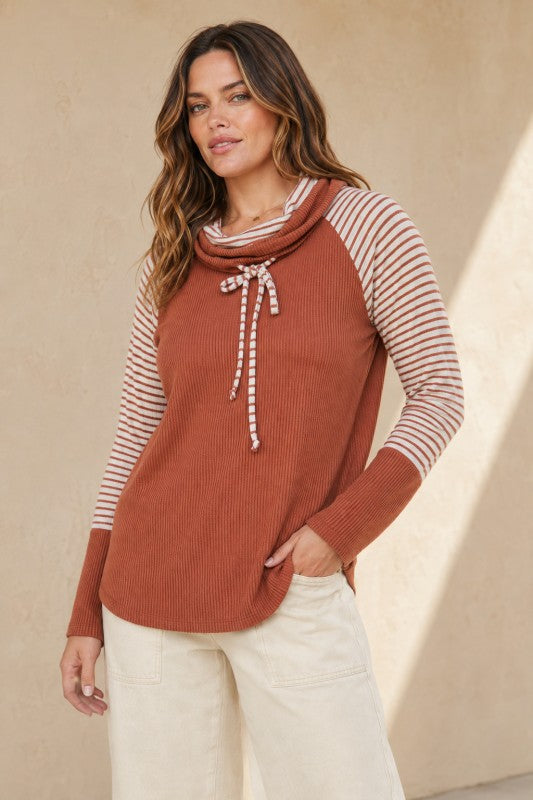 Striped-Sleeve Ribbed Cowl-Neck Top