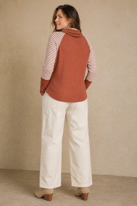 Striped-Sleeve Ribbed Cowl-Neck Top