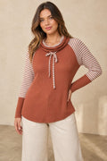 Striped-Sleeve Ribbed Cowl-Neck Top - Camel