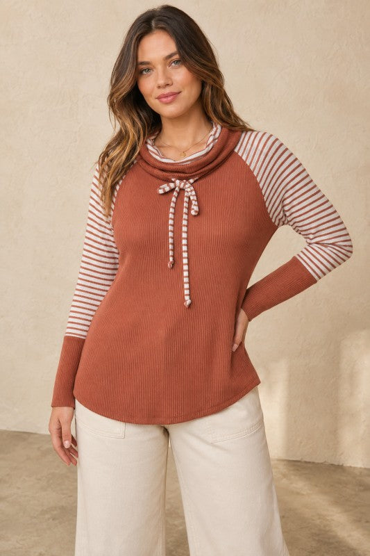 Striped-Sleeve Ribbed Cowl-Neck Top - Camel