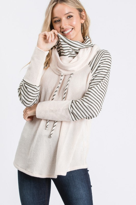 Striped-Sleeve Ribbed Cowl-Neck Top - Taupe