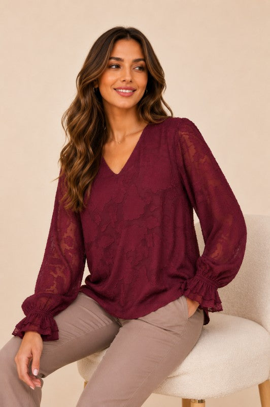 Plus Size Embossed Floral V-Neck Blouse