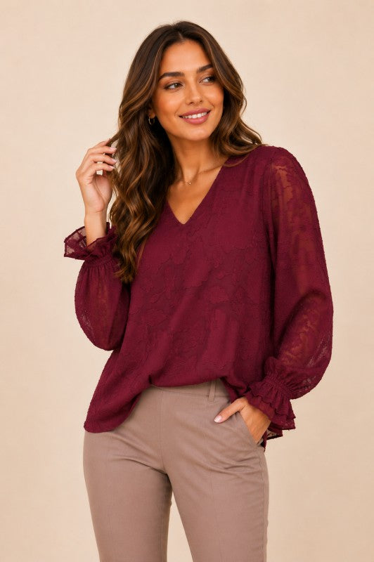 Plus Size Embossed Floral V-Neck Blouse