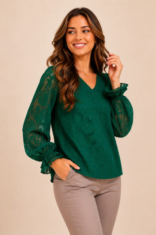 Plus Size Embossed Floral V-Neck Blouse