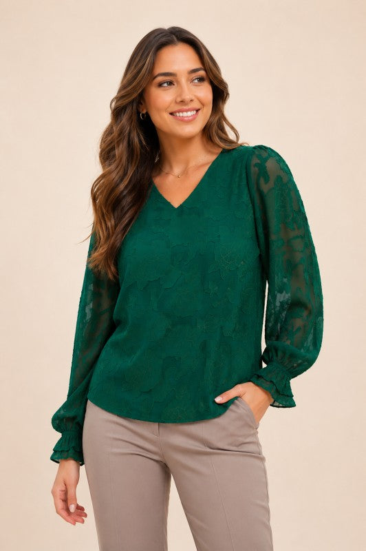 Plus Size Embossed Floral V-Neck Blouse