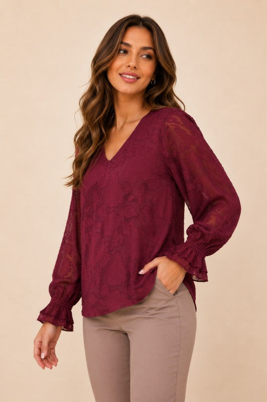 Plus Size Embossed Floral V-Neck Blouse
