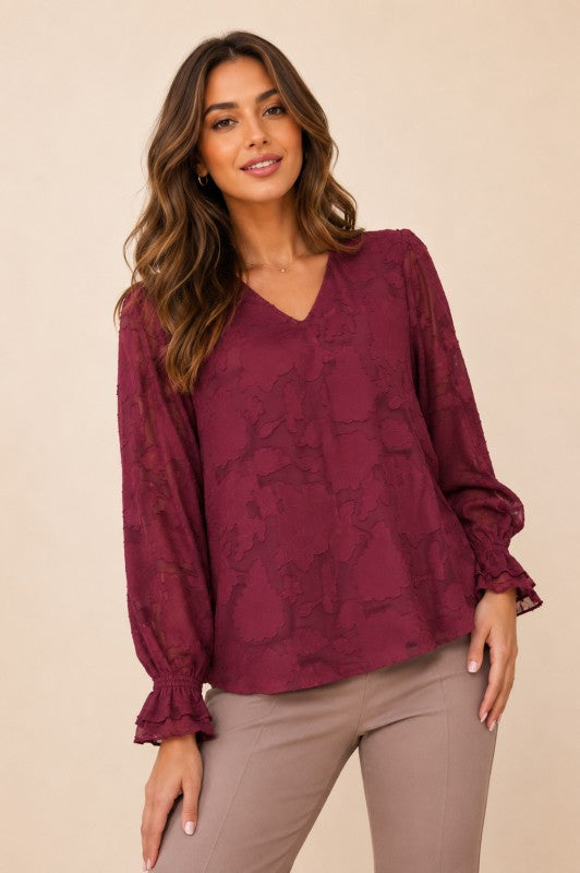 Plus Size Embossed Floral V-Neck Blouse