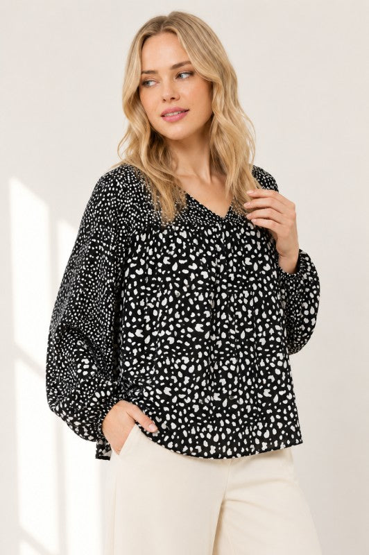 Mixed-Dot Print Peasant Blouse