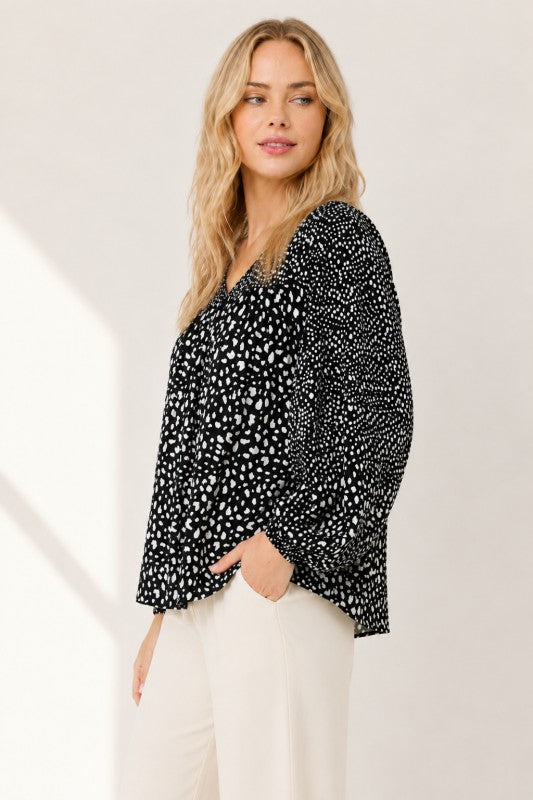 Mixed-Dot Print Peasant Blouse