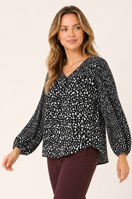 Mixed-Dot Print Peasant Blouse