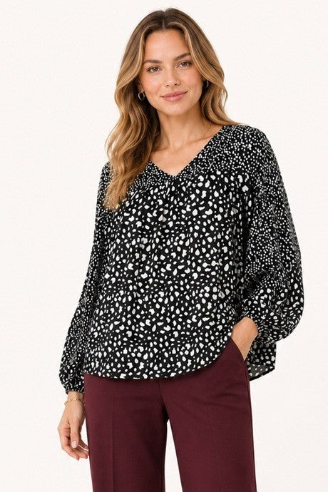 Mixed-Dot Print Peasant Blouse