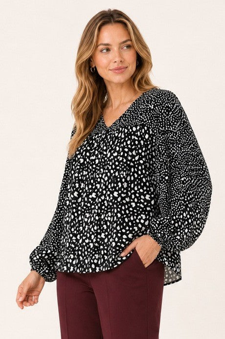 Mixed-Dot Print Peasant Blouse
