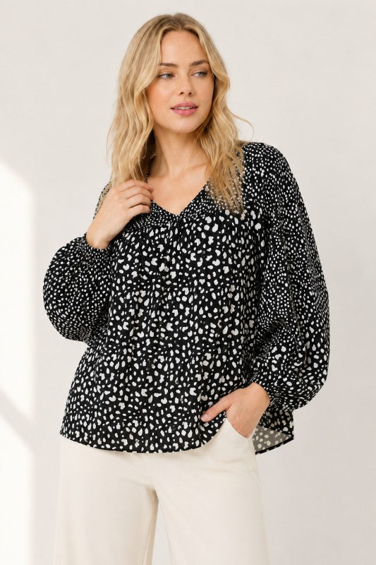 Mixed-Dot Print Peasant Blouse