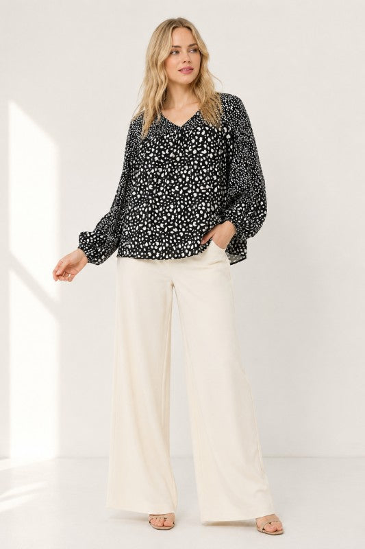 Mixed-Dot Print Peasant Blouse
