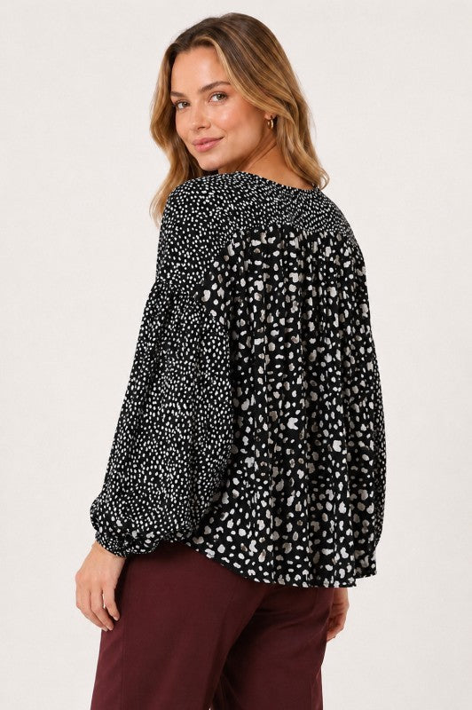 Mixed-Dot Print Peasant Blouse