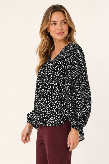 Mixed-Dot Print Peasant Blouse