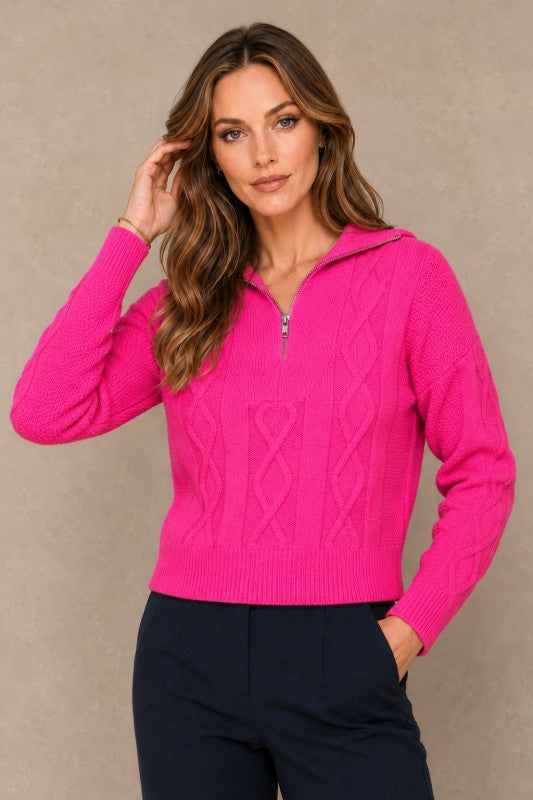 Cable-Knit Quarter-Zip Collared Sweater