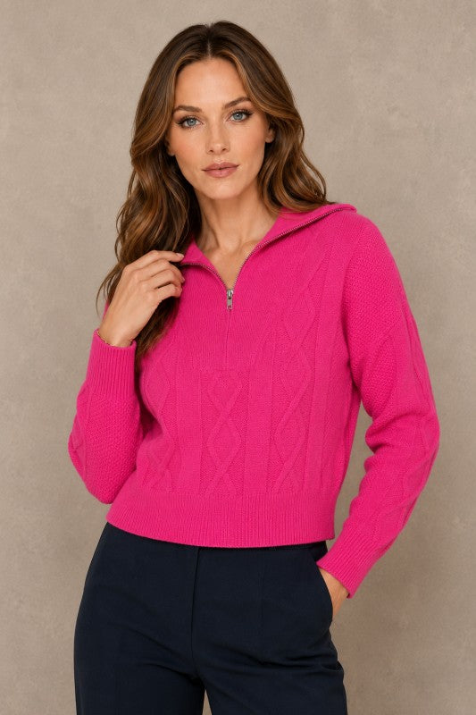 Cable-Knit Quarter-Zip Collared Sweater