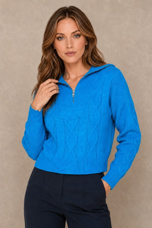 Cable-Knit Quarter-Zip Collared Sweater