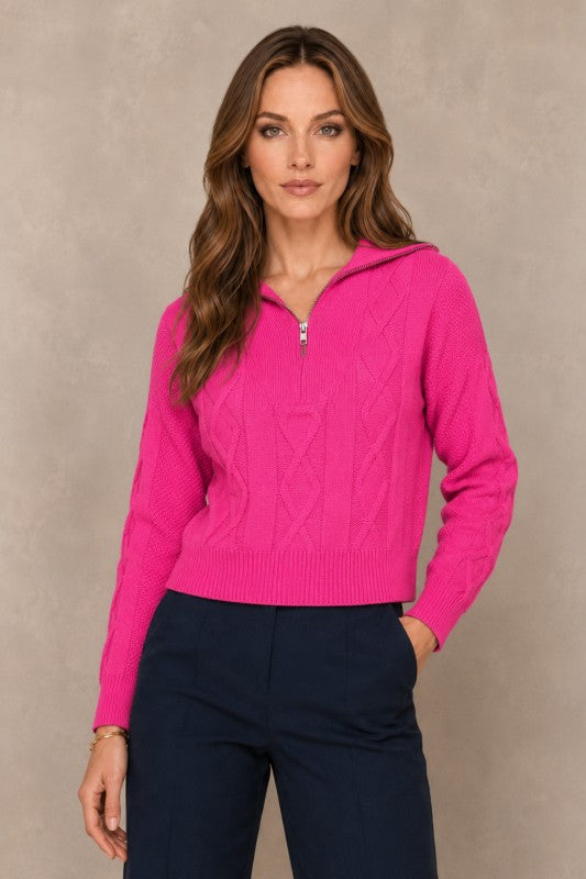Cable-Knit Quarter-Zip Collared Sweater