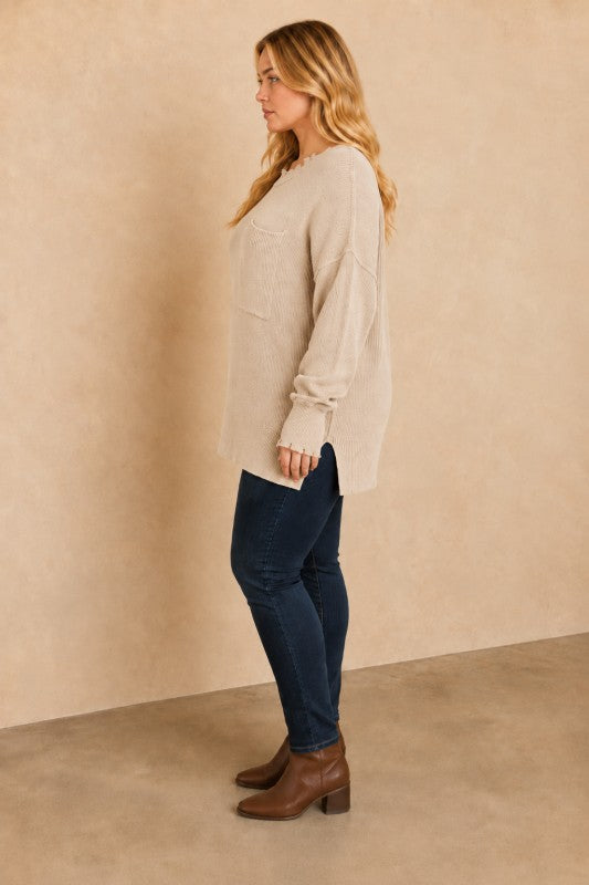 Plus Size Frayed-Edge Pocket Tunic Sweater