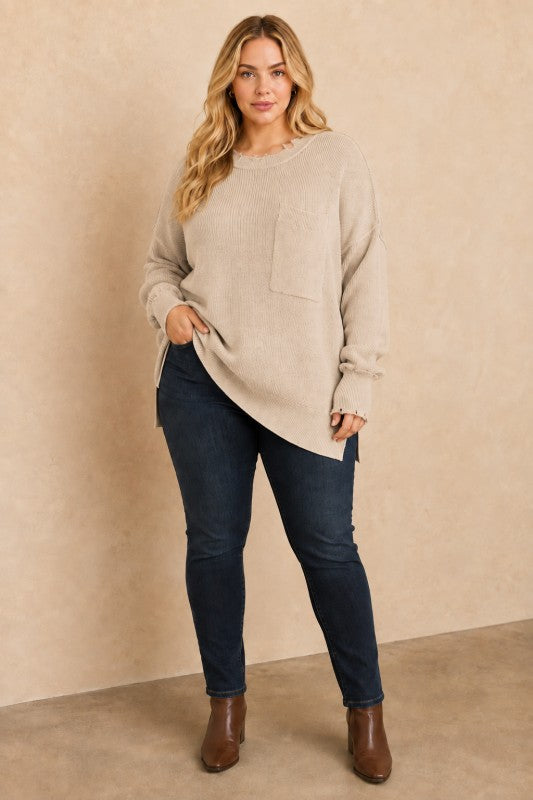 Plus Size Frayed-Edge Pocket Tunic Sweater